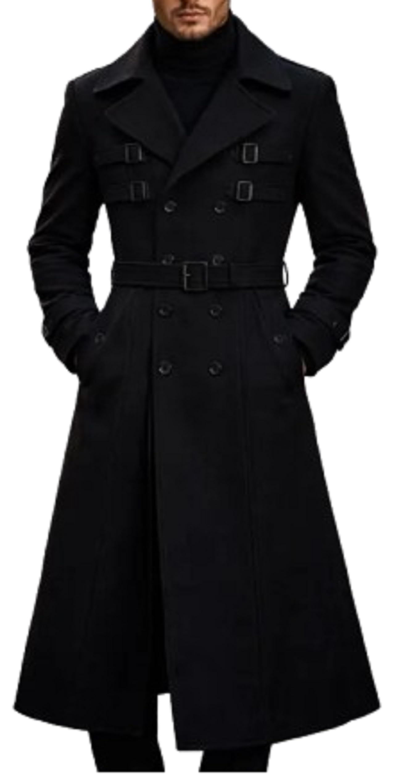 Cappotto da uomo slim fit doppiopetto Trench lunghezza intera in misto lana nera soprabito