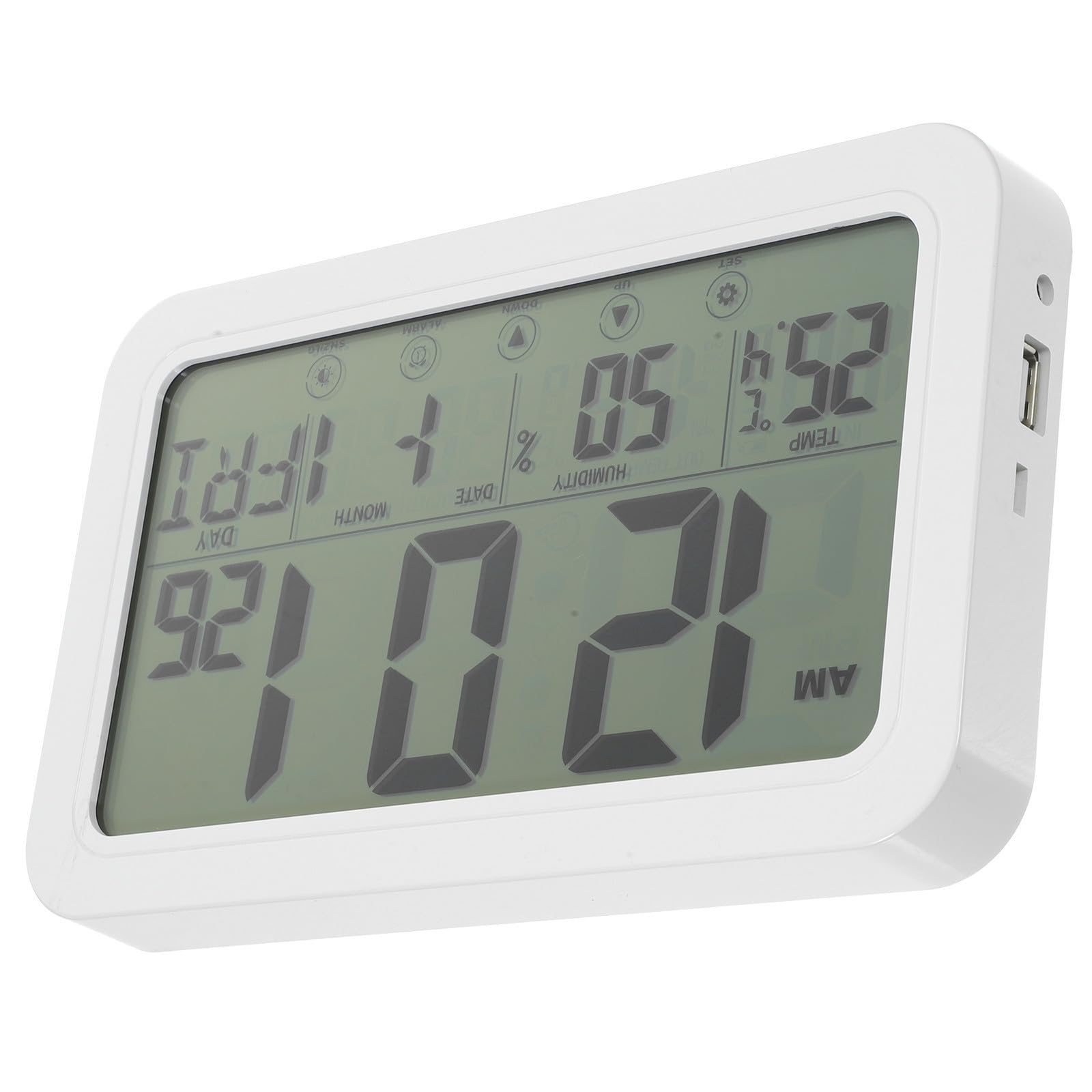 Orologio Digitale da Parete da Tavolo, Orologio Calendario Elettronico Temperatura e Umidità, Display Lcd Multifunzione, Plastica, Bianco, Autoinstallante, per Ufficio e Sala