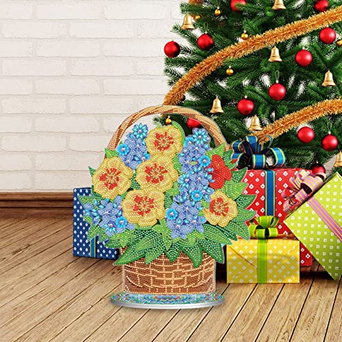 Image of AiYuanzsh Flower Basket Diamond Art Tabletop Ornament, Floral Double-Sided Acrylic Diamond Painting Desktop Decoration Kit, Large DIY Crystal Diamond Art Kits for Living Room Office Table Decor