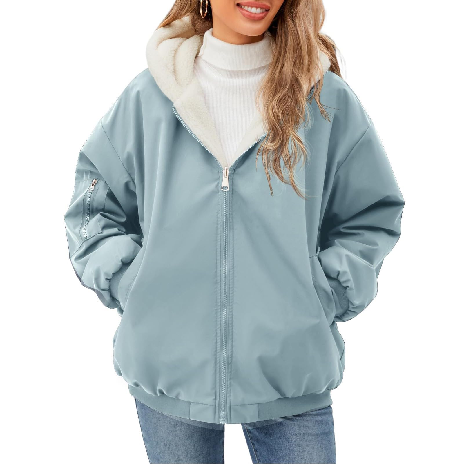 Fleecejacke Damen Hoodie Teddyfutter Plüschjacke Dick Winterjacke Warm Gefüttert Kapuzenjacke Oversize Sweatjacke Mit Kapuze Zipper Hooded Frauen Mit Taschen Kuscheljacke Flauschig Winter
