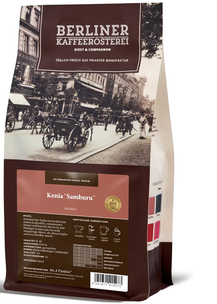 Berliner Kaffeerösterei - Kenia AA+ Samburu (1000g / gemahlen), Röstgrad Kaffee: mittel, 100% Arabica Bohnen, Aromaprofil: Fruchtig/Schokoladig/Süß