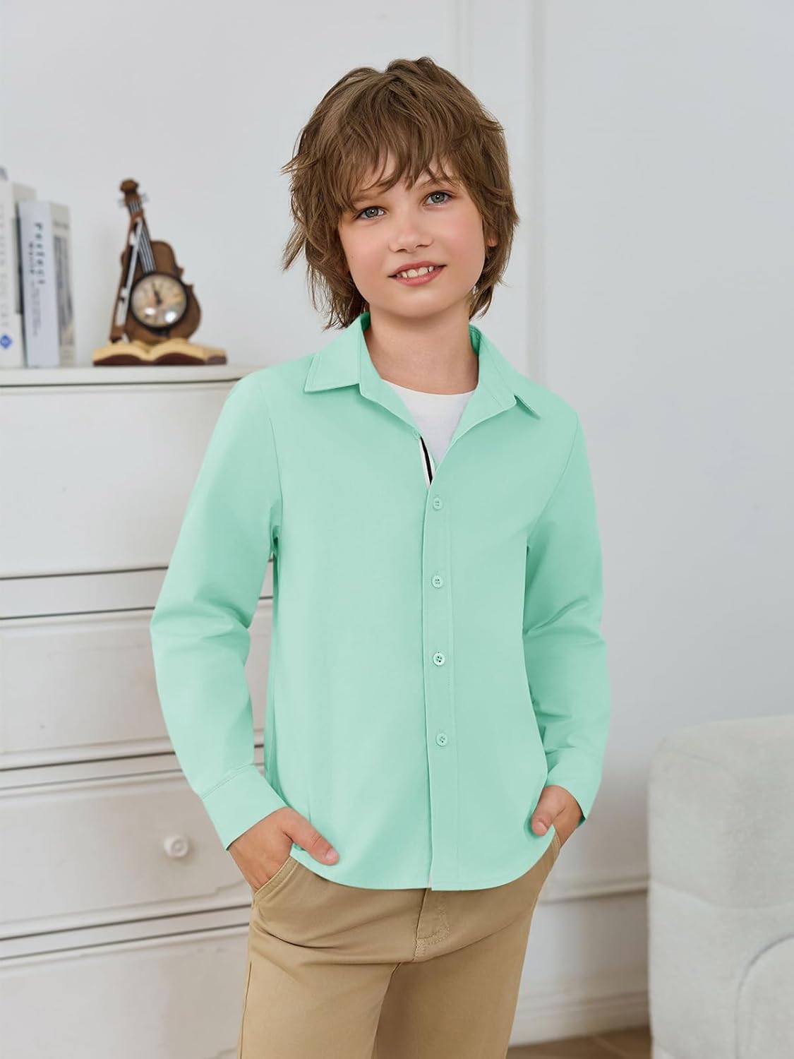 Haloumoning Boys Long Sleeve Dress Shirts Kids Solid Casual Button Down Uniform Shirts 5-14 Years - Image 3