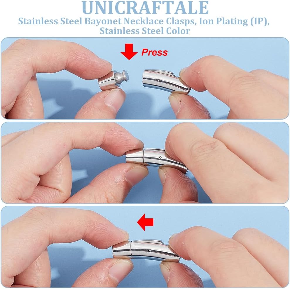 UNICRAFTALE 6Pcs Bracelet Clasps 304 Stainless Steel Bayonet Clasps Column Leather Cord Clasps Tube Jewelry Clasps with Push Button Necklace Clasps for Jewelry Making 6mm Hole - Image 5