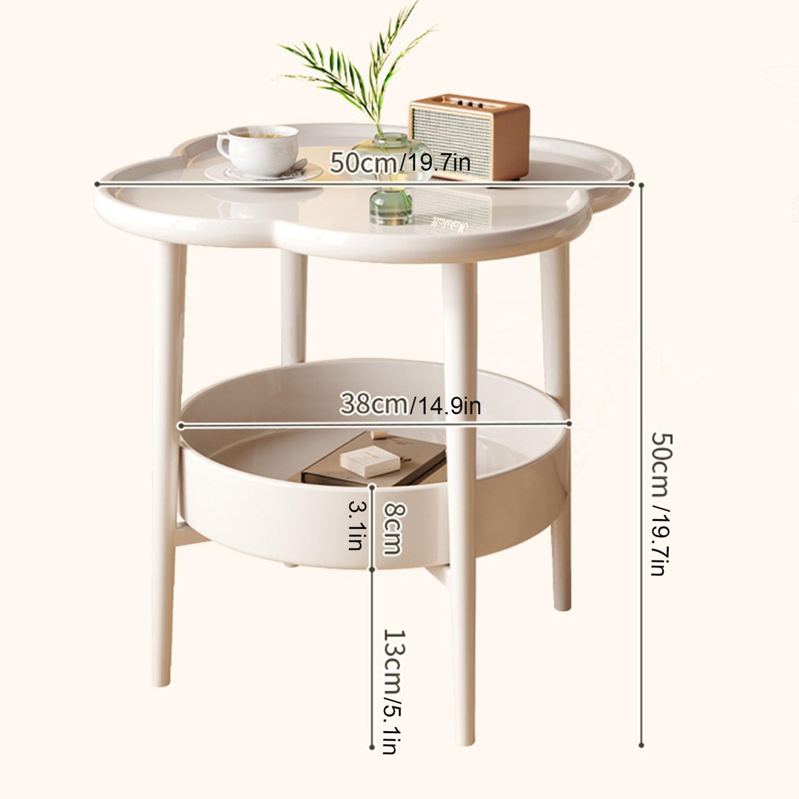 Mesa Auxiliar Redonda De 2 Niveles, Mesa Auxiliar De Cama Con Bordes Elevados, Mesilla De Noche Pequeña, Mesa De Té De Sobremesa En Forma De Flor Para Sala De Estar, Dormitorio, Oficina(White)