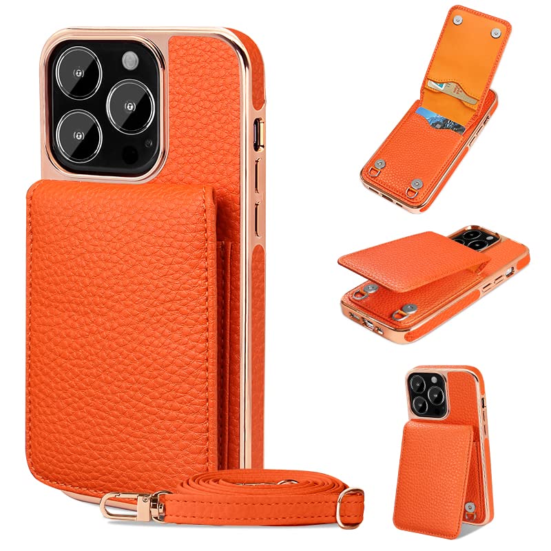 XIMAND for iPhone case, Card Holder for iPhone case with a Strap, for iPhone 14 & 13 Series (Orange,iPhone 13)