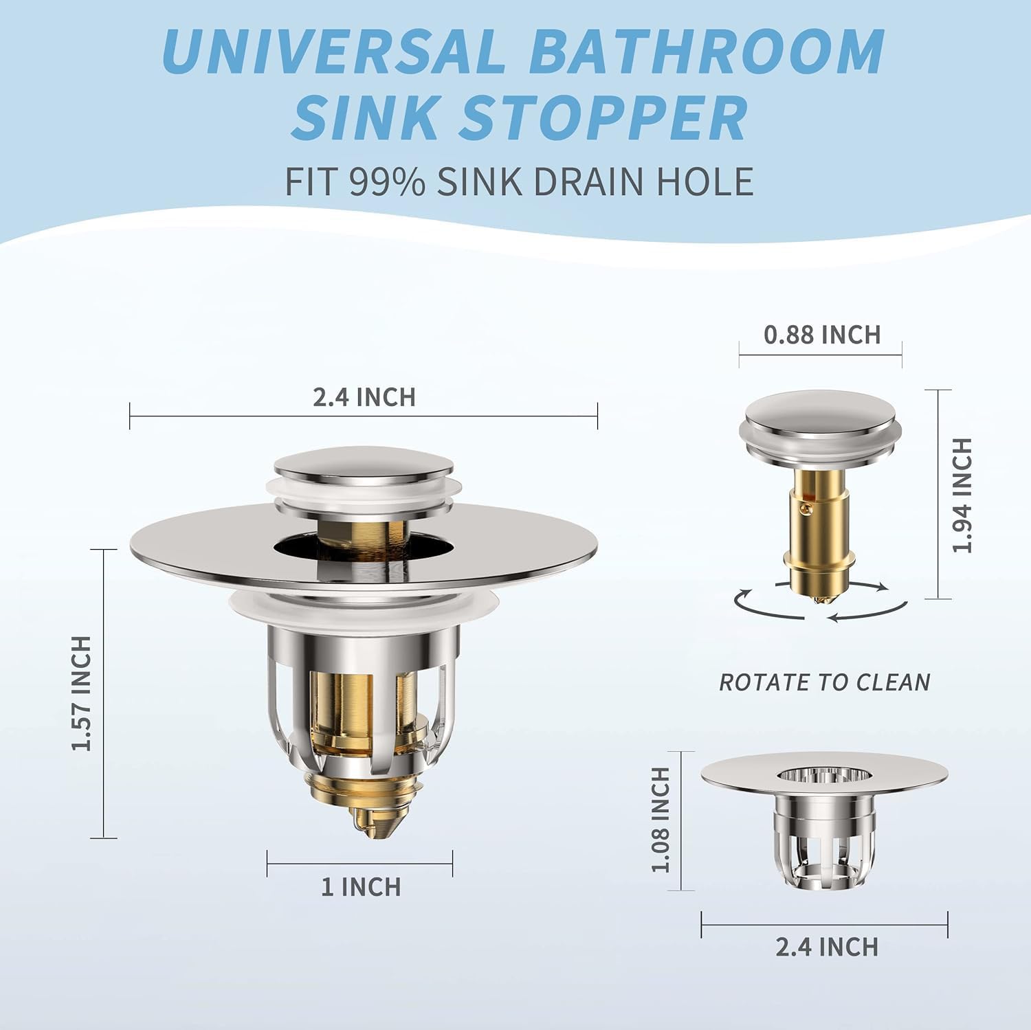 Universal 2 in 1 Bathroom Sink Stopper, Pop Up Bathroom Sink Drain Strainer with Anti-Clogging Filter Basket, Bathroom Drain Stopper Sink Plug for 1.06"-1.65" Basin Drain Holes, Brushed Nickel