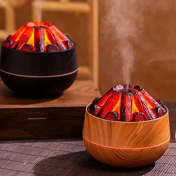 Flame Effect Humidifier with LED Light | Ultrasonic Cool Mist Fireplace Style Air Humidifier for Bedroom, Office & Desk | USB Ambient Night Light Aroma Diffuser Decor (Wooden)