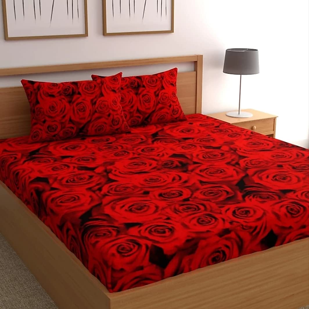 SoniasaaKing Collection 180 TC Cotton-Blend Double Sized 1 Bedsheet with 2 Pillow Cover Double Size (Pack of 1) Red Rose Printed