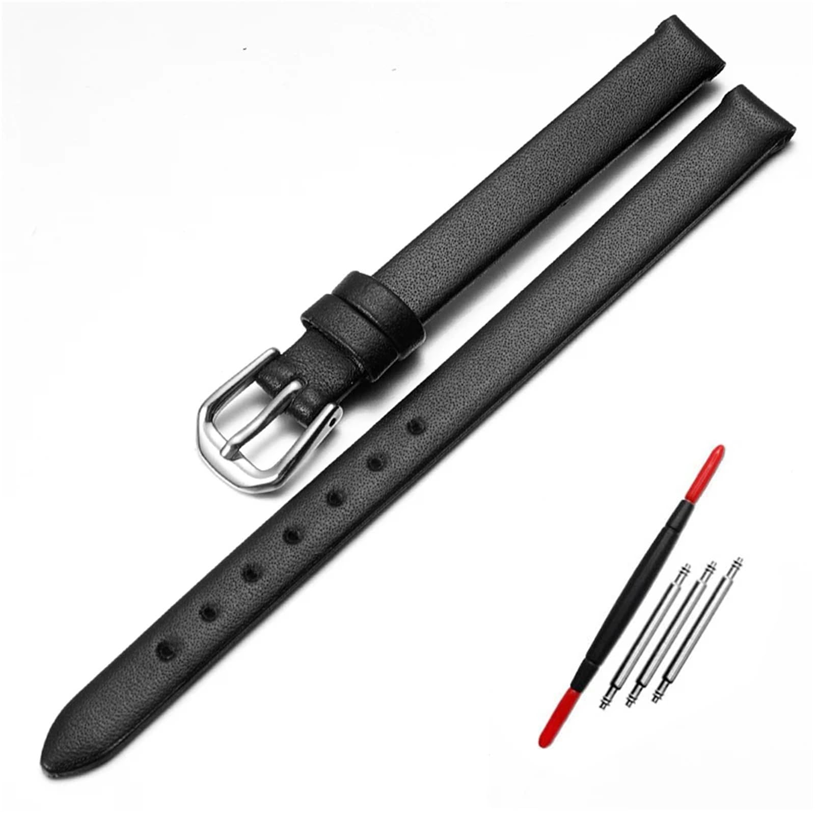 Bracelet montre cuir véritable 6mm noir couture fine et boucle argent