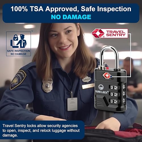 Vista 4 de SURE LOCK Cerraduras TSA para equipaje, cerraduras de equipaje aprobadas por la TSA con alerta abierta, llave 008 para alta seguridad, diales