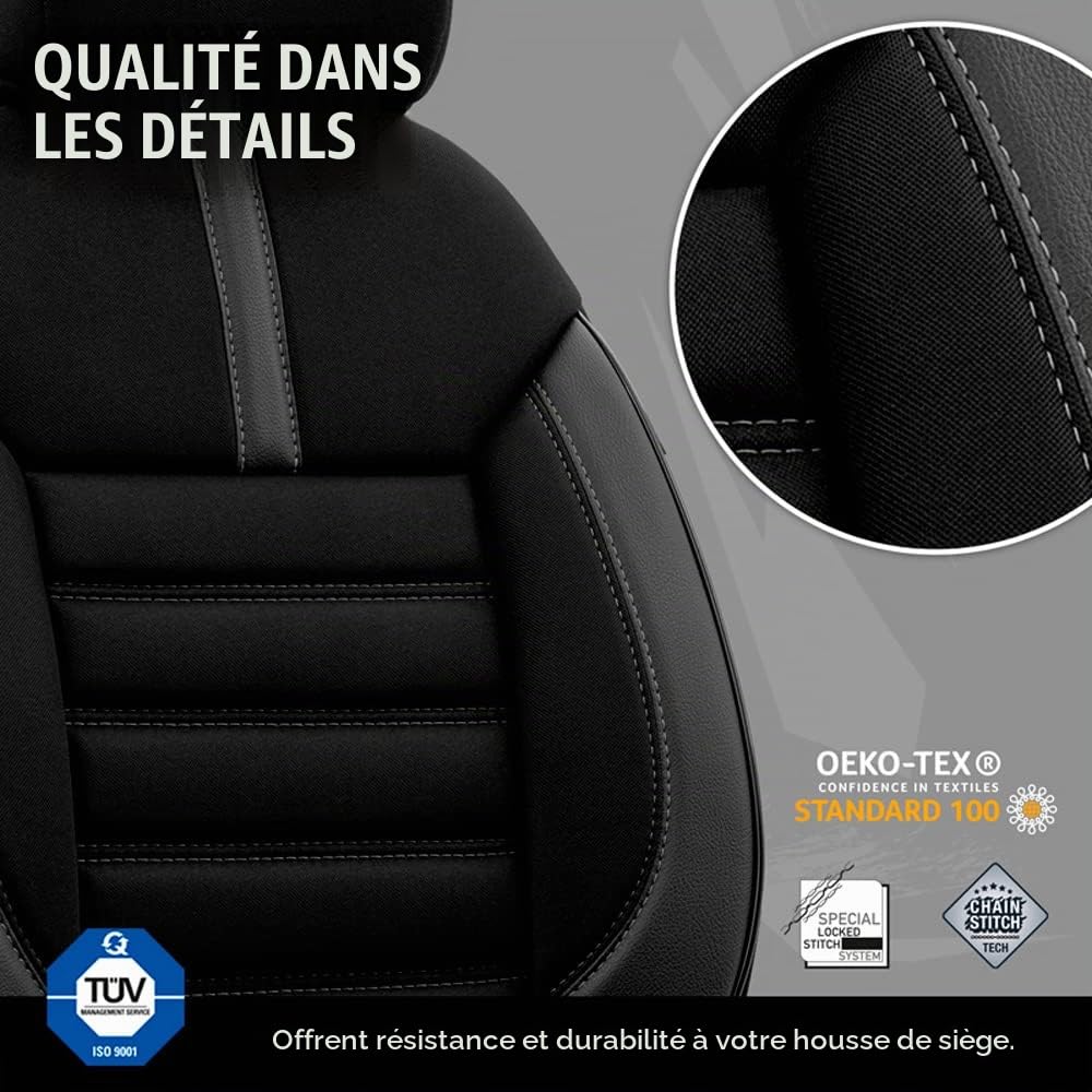 otoM Housse de sièges en textile/cuir 'Limited' Noir + Surpiqûres gris | 11-pièces - universel - adapté aux Side-Airbags