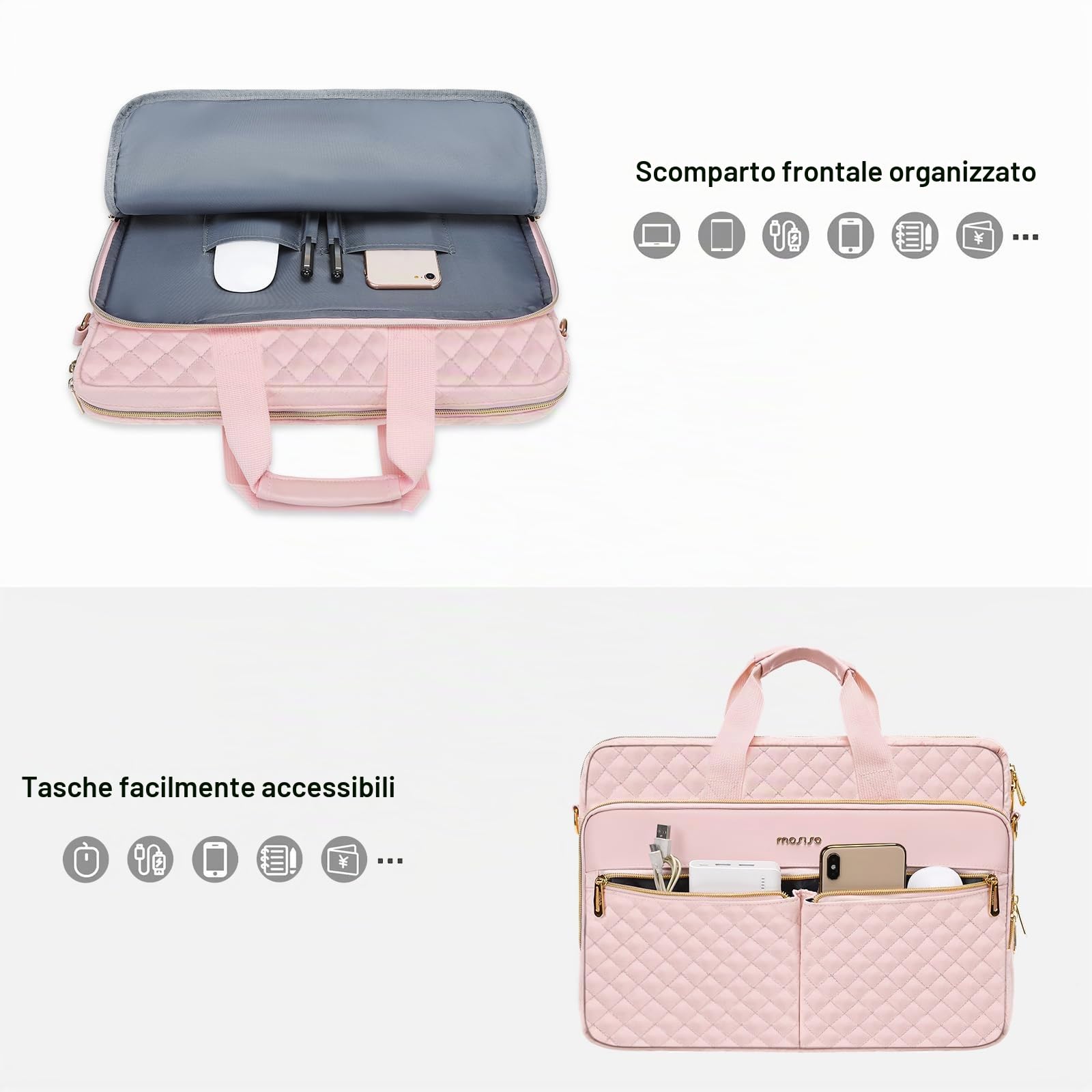 MOSISO 15-15,6 Pollici Borsa Porta Tracolla PC Laptop,Valigetta per Donne&Uomini,16 Pollici Quadrato Trapuntato Borsa Porta Computer Ufficio Viaggi Affari con 3 Tasche&Cinturino,Rosa