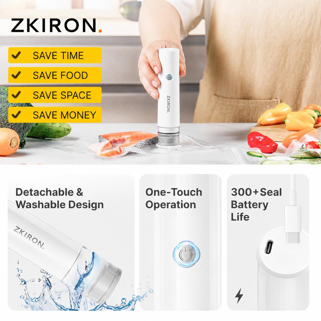 ZKIRON Sigillatrice sottovuoto portatile portatile, ricaricabile, con 25 sacchetti aggiornati, design compatto, potente aspirazione per la preparazione dei pasti, per la conservazione di cibo e cucina
