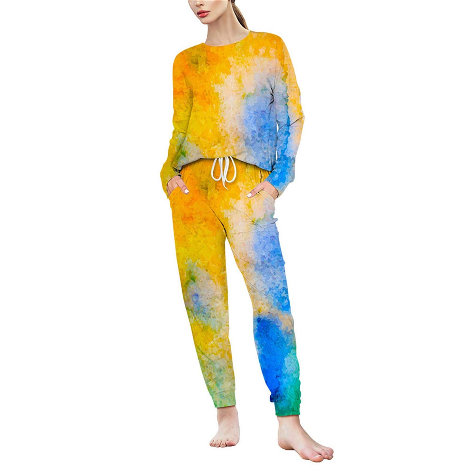 Damski modny zestaw odzieży sportowej, 2 sztuki Tie-Dye Lounge, komplet długich rękawów, bluza ze sznurkiem, spodnie do biegania z kieszeniami, strój sportowy, do jogi, na siłownię