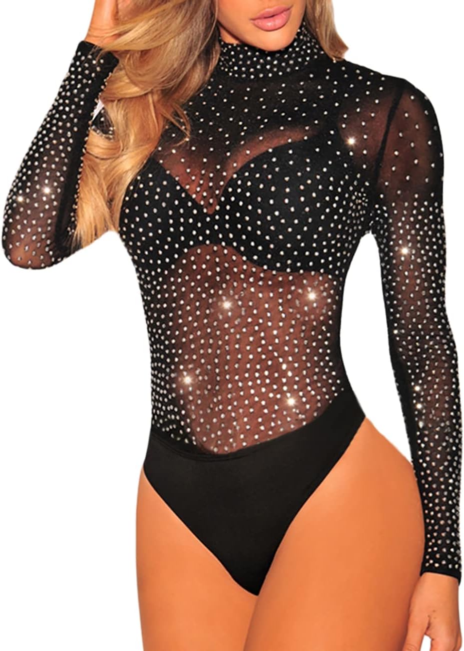 Lrady Women's Sheer Mesh Rhinestone Bodysuit See Through Sparkle Long Sleeve/Short Sleeve Body Suit Tops