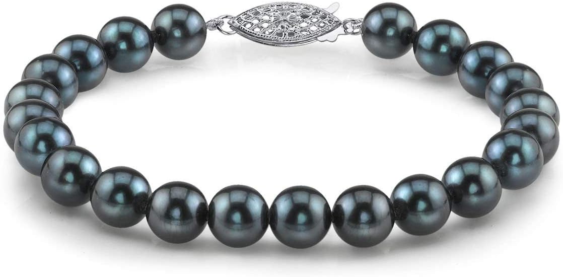 Sterling Silver 5-5.5mm Round Black Japanese Akoya Saltwater Cultured Pearl Bracelet for Women