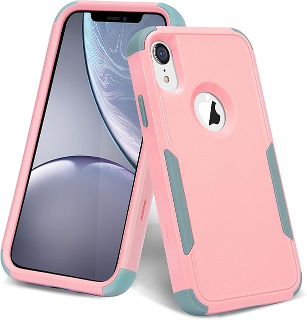 Kabibin Case for iPhone Xr,Protective Phone Case 3 in 1 Heavy Duty Full Body Defender Rugged Rubber Shockproof Durable Hard Cover for Women Girls 6.1 inch (Pink/Grayish Green)