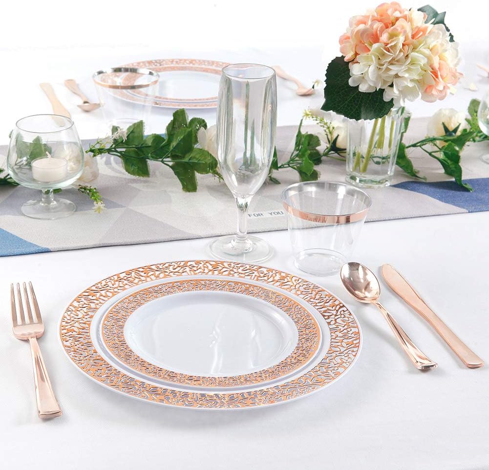 150pcs Rose Gold Plastic Plates, Rose Gold Silverware, Party Plates with Lace Design, Wedding Plastic Plates, Plastic Flatware, Heavy Weight, Durable Dinnerware, Supernal