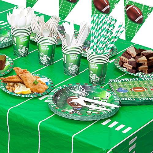 Football Party Disposable Tableware Set For 24 Guests, Includes Paper Cups, Plates, Napkins, Tablecloths, Knives, Forks And Spoons, Straws, Flags Decorative Sports Themed Party Tabletop Supplies For Kids Birthday Parties And Football Super Sports Game Day Decorations #TOP3