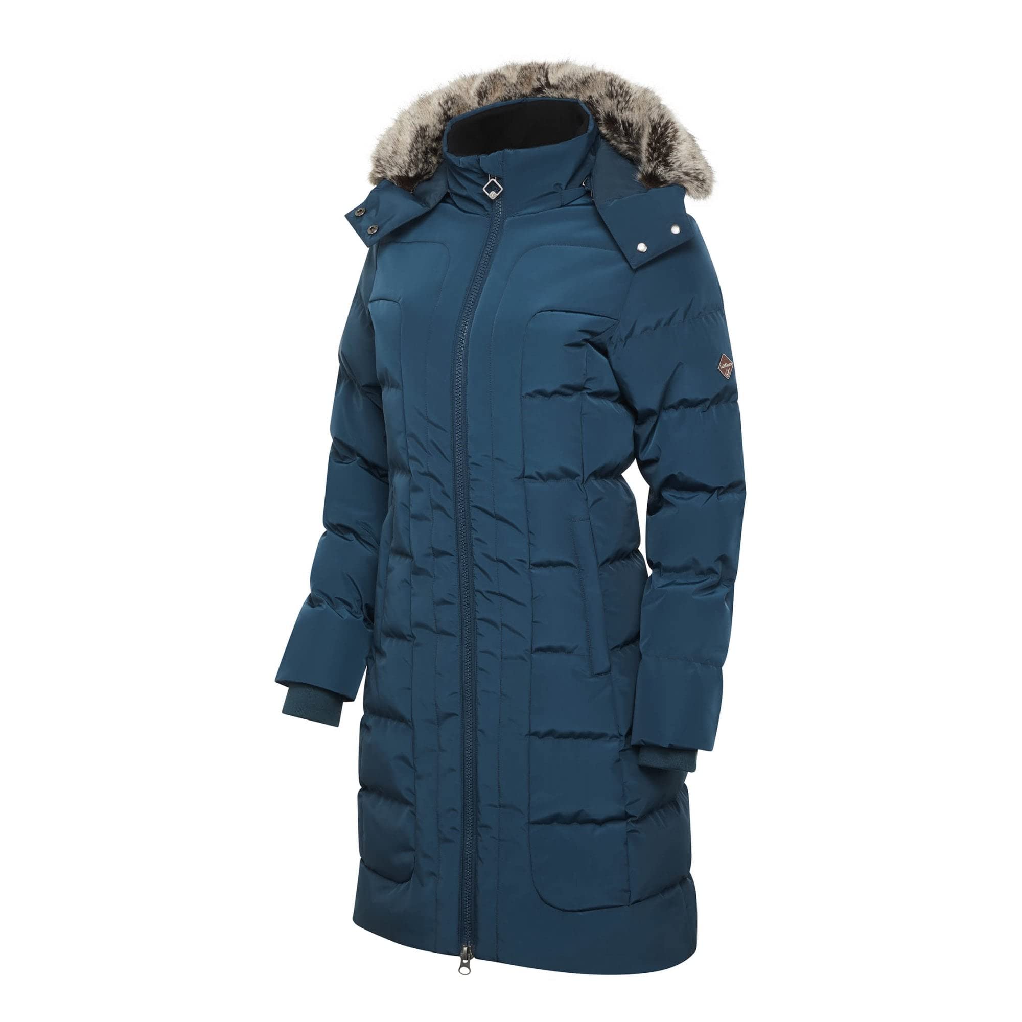 LeMieux Loire - Abrigo de equitación de invierno cálido con cremallera de 2 vías, bolsillos con cremallera, abrigo de invierno con capucha extraíble y ribete desmontable para mujer, Atlantic Blue, 36