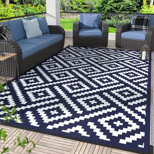 GENIMO Outdoor Rugs 8x10 Waterproof, Reversible Mats, Area Plastic Straw Rug, Outside Carpet, Geometric Rv Mat for Patio Camping Rv Picnic Backyard Deck Balcony Porch Beach Trailer (Navy Blue & White)