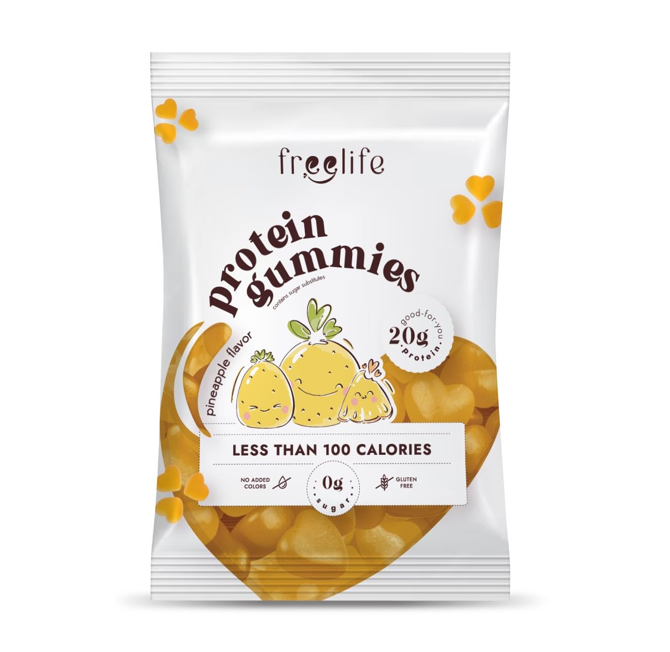 Free Life Pineapple Gummies, High Protein 20g - Gluten Free, Zero Sugar, Low Carb 4.5g, Snack, 32g Pack