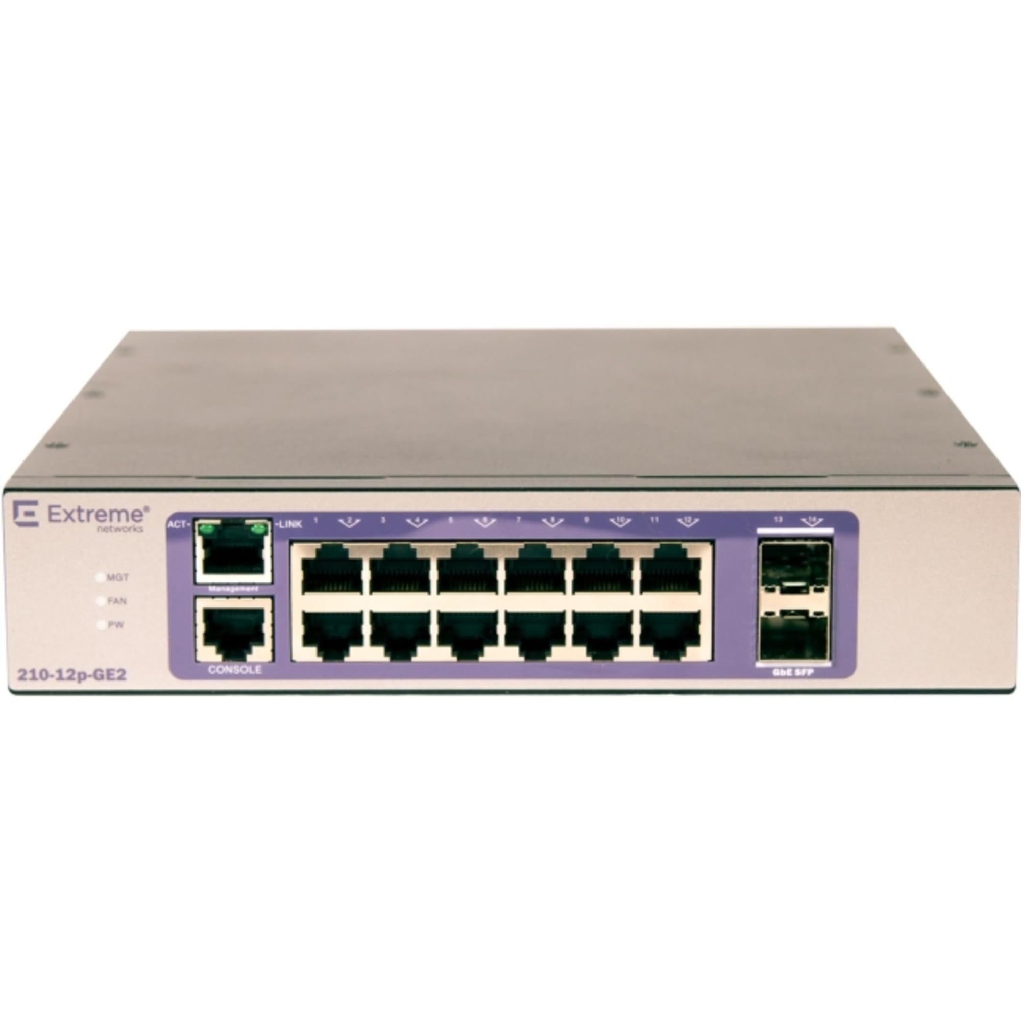 Extreme networks 210-​12P-​GE2 Gestionado L2 Gigabit Ethernet (10/​100/​1000) Bronce, Púrpura Soporte Power over Ethernet (PoE)