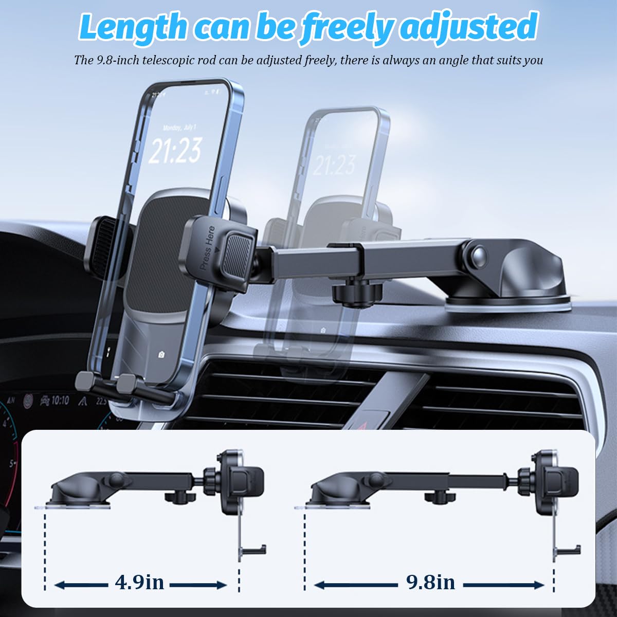 Zpana Supporto per telefono da auto, regolabile a 360° per cruscotto e parabrezza con base a ventosa e braccio telescopico, accessori per smartphone per auto, misura universale