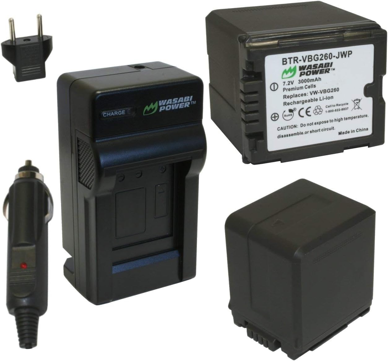 Wasabi Power Battery (2-Pack) and Charger for Panasonic VW-VBG260