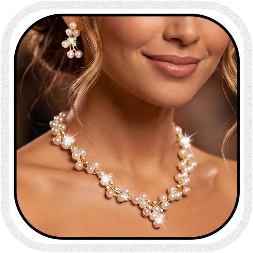 Unicra Gold Pearl Jewelry Set Wedding Prom Necklace Earrings Bracelet Sets Rhinestone Formal Jewelry for Women and Brides