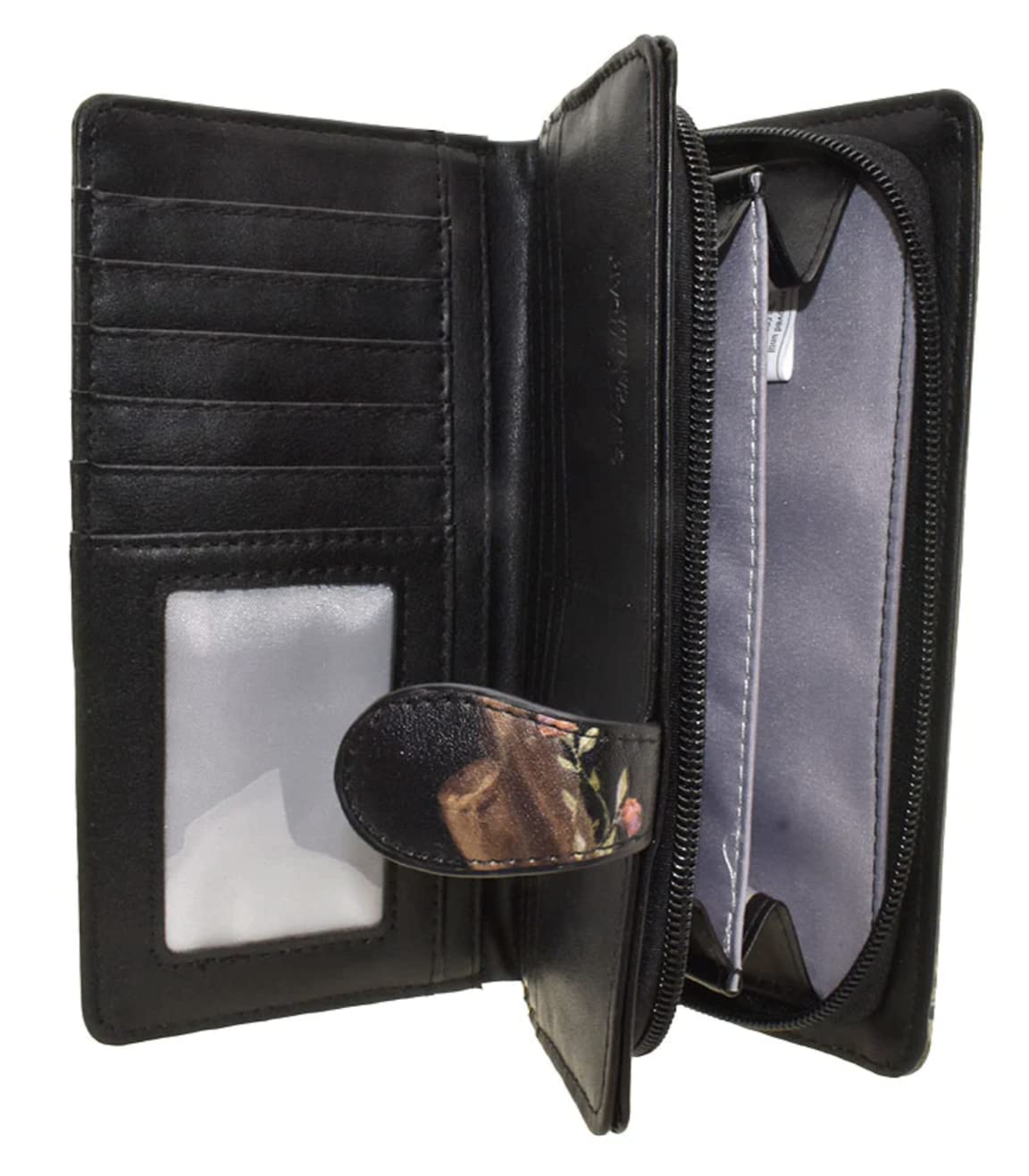 Shag Wear Fairy Forest Große Damengeldbörse, veganes Kunstleder Bifold mit Kartenfächern, Geldscheinfächern und sicherem Schnappverschluss in Schwarz 17,8 cm