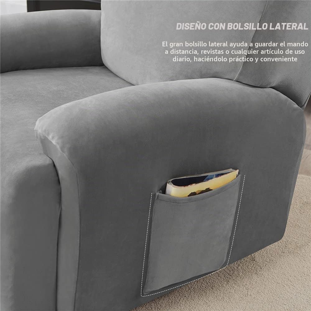 Highdi Funda de Sillón Relax Elástica para Sillón Reclinable, Funda Reclinable Terciopelo 4 Piezas con Bolsillos Laterales, Antideslizante Extraíbles y Lavables Fundas Protector (Gris Oscuro)