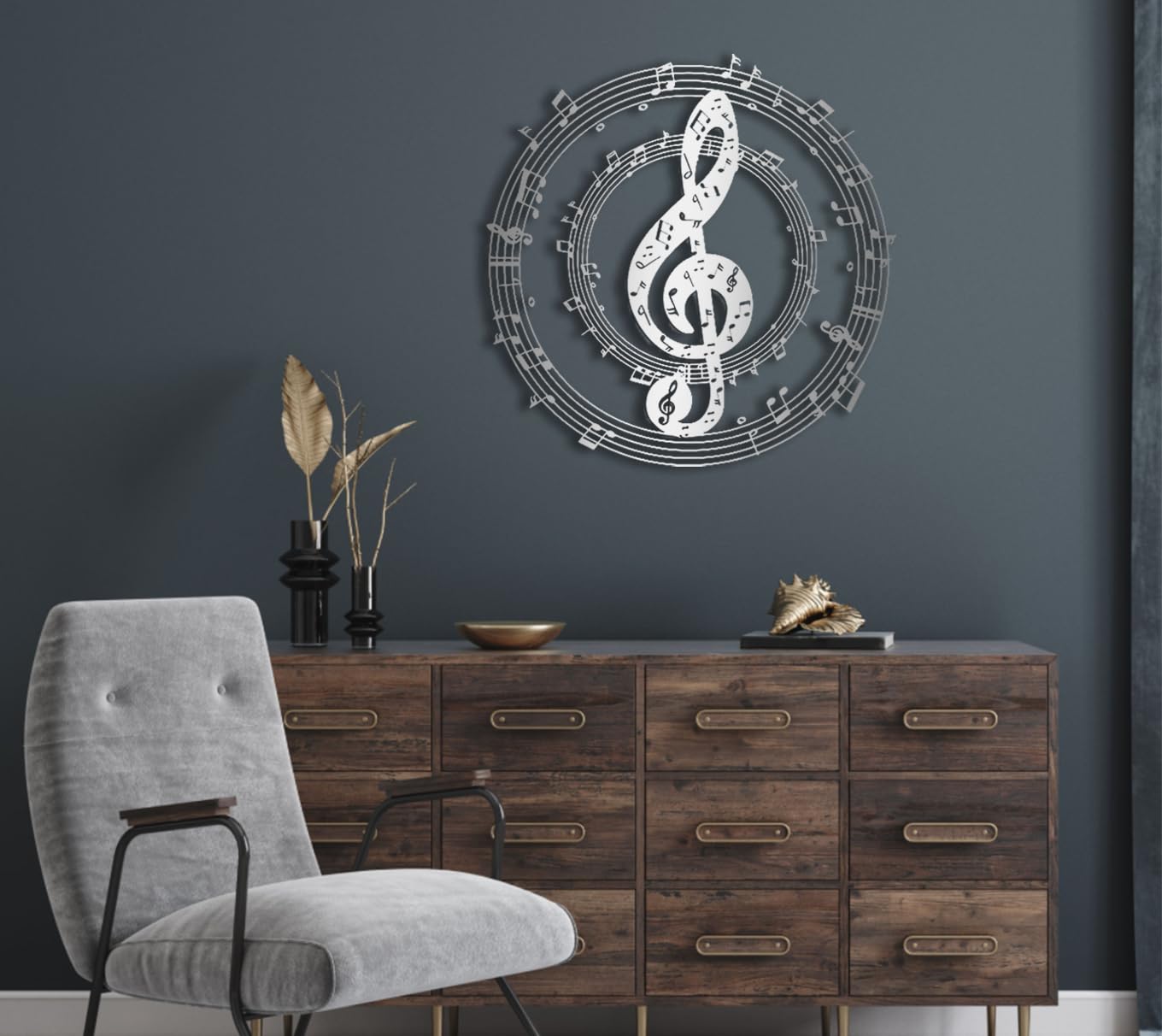 Decorazione murale Moderna e Minimalista in Metallo con Note Musicali, Arte Musicale, Opera d'Arte in Ferro per la casa, Regalo per Musicisti, Soggiorno, Camera da Letto, Bagno (Argento, 100x100