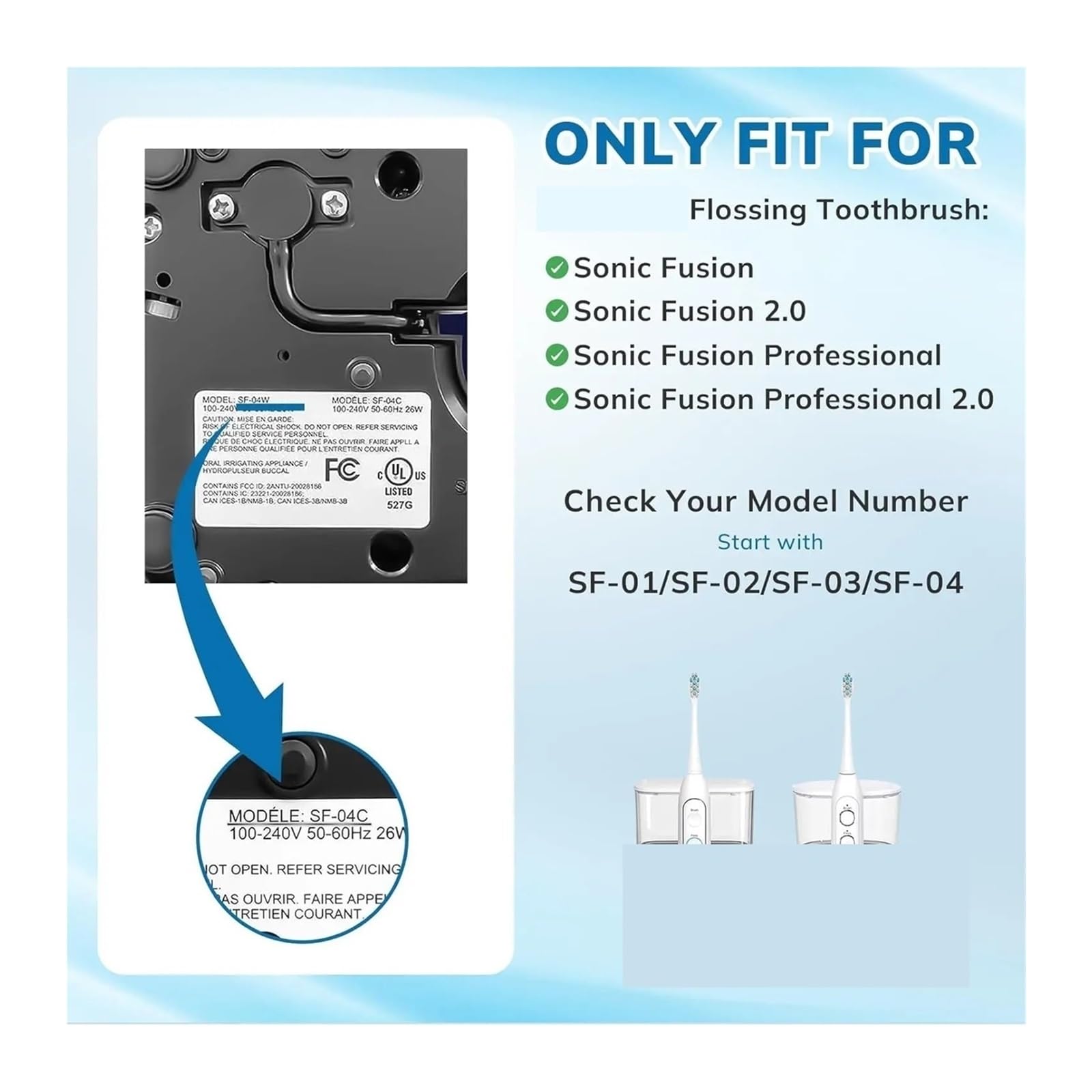 Cabezal de cepillo de dientes 2 en 1, compatible con Waterpik, Sonic-Fusion SF01 SF02 SF03 SF04