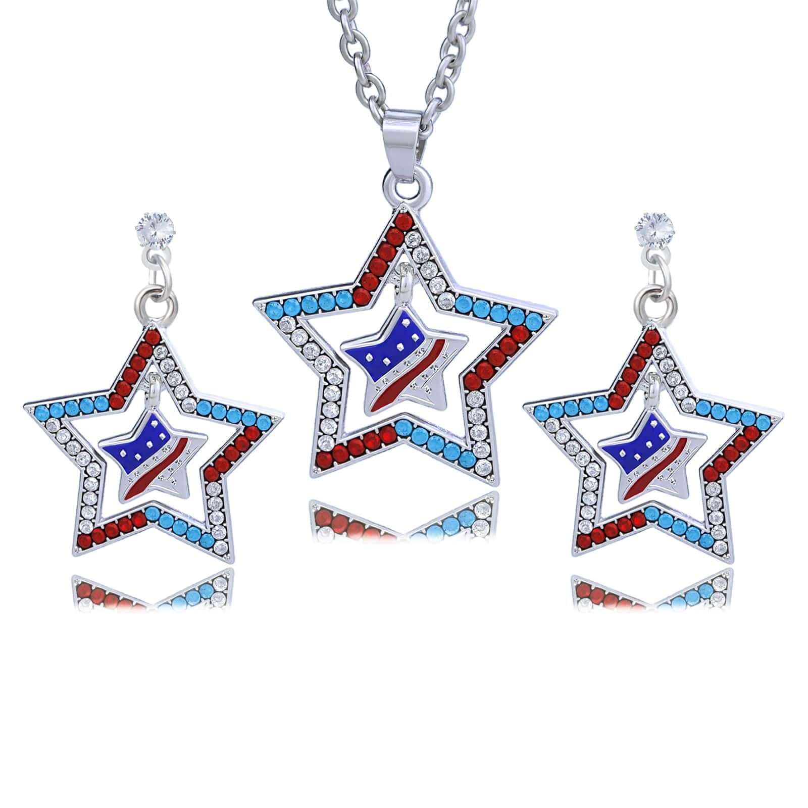 4th of July Earring Necklace for Women Independence Day Jewelry Set Dainty Rhinestone Sparking Star Heart Necklace Red White and Blue Memorial Day