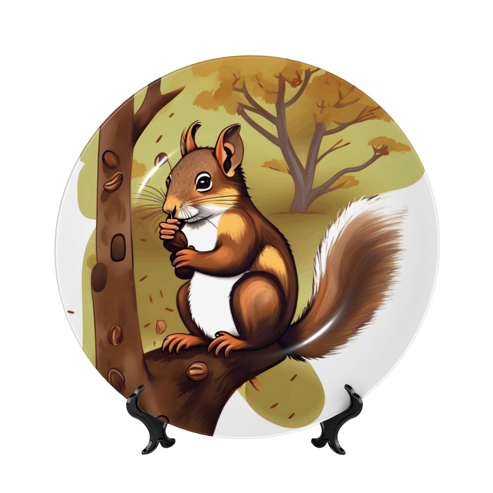 SXZVVBN Nut-eating squirrel Bone China Decorative Plate Art with Stand Removable Adhesive Hanging for Home Office 8in（20cm）