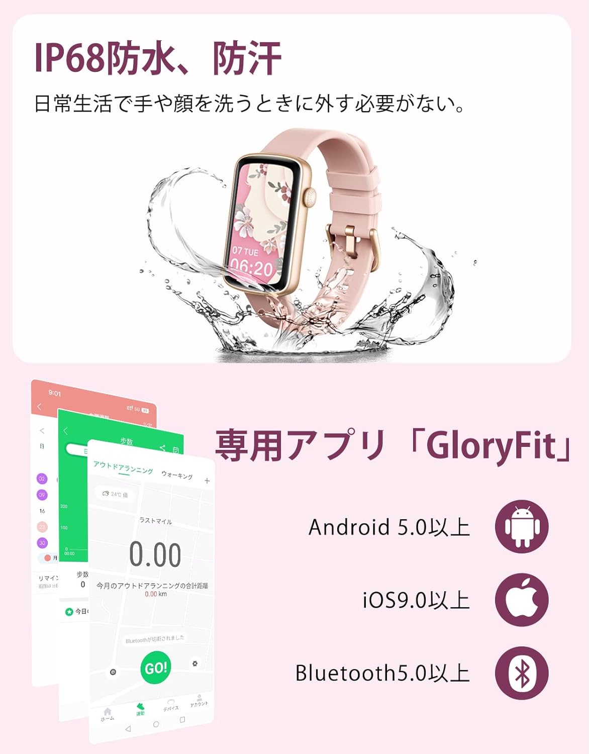 SHANG WING スマートウォッチ レディース iphone対応 アンドロイド対応 リストバンド型 腕時計 1.47インチ大画面 フルタッチ Smart Watch 着信通知 女子生理サイクル記録 多種類運動モード 天気予報 IP68防水 文字盤自由設定 誕生日 クリストマス 新年 ギフト 日本語説明書付き Lynn2 ピンク