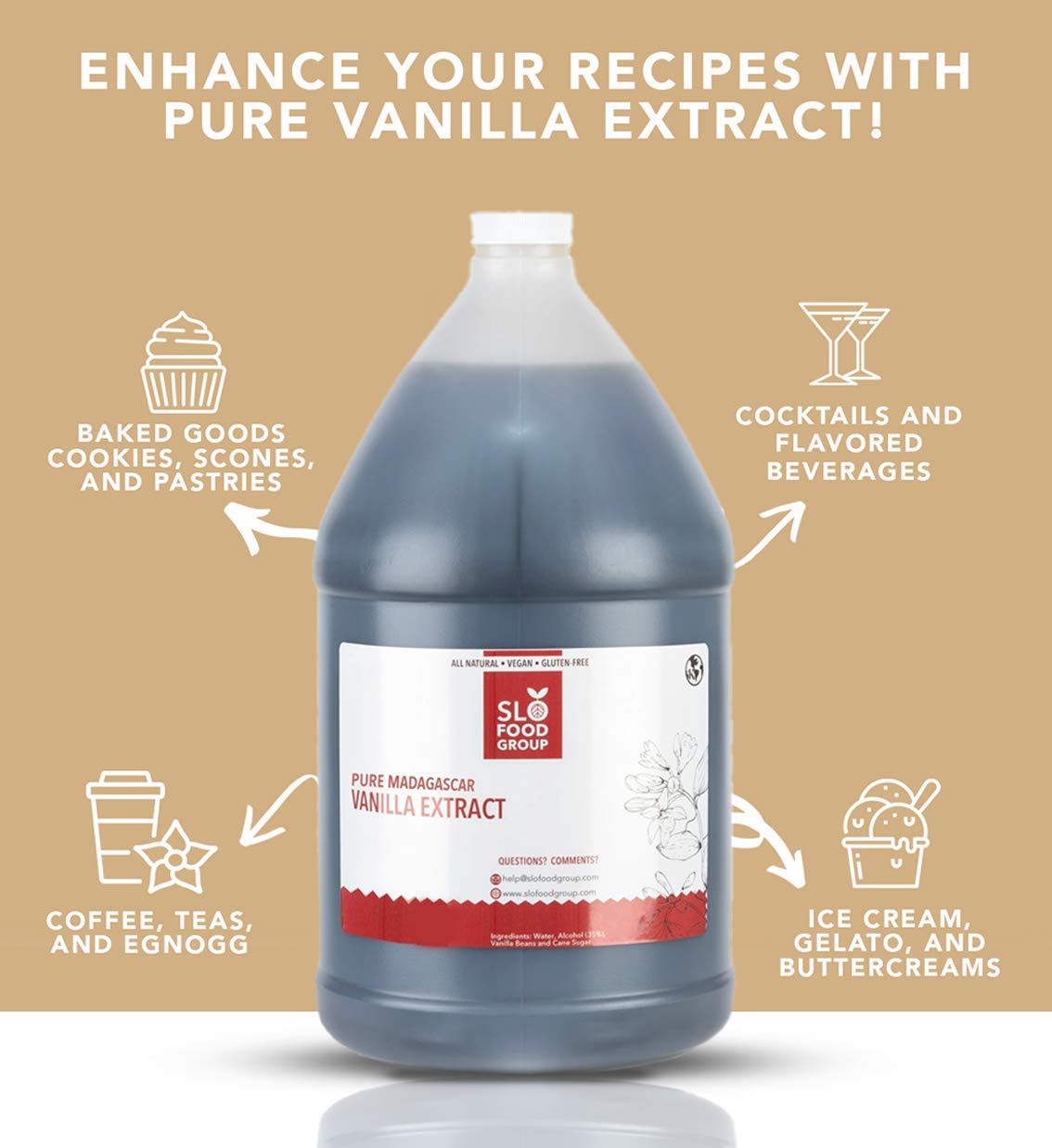 Slofoodgroup - Pure Vanilla Extract - (128 fl. oz/ 1Gallon) - Made from Premium Vanilla Beans from Madagascar, Uganda, and Papua New Guinea - For Cooking and Baking