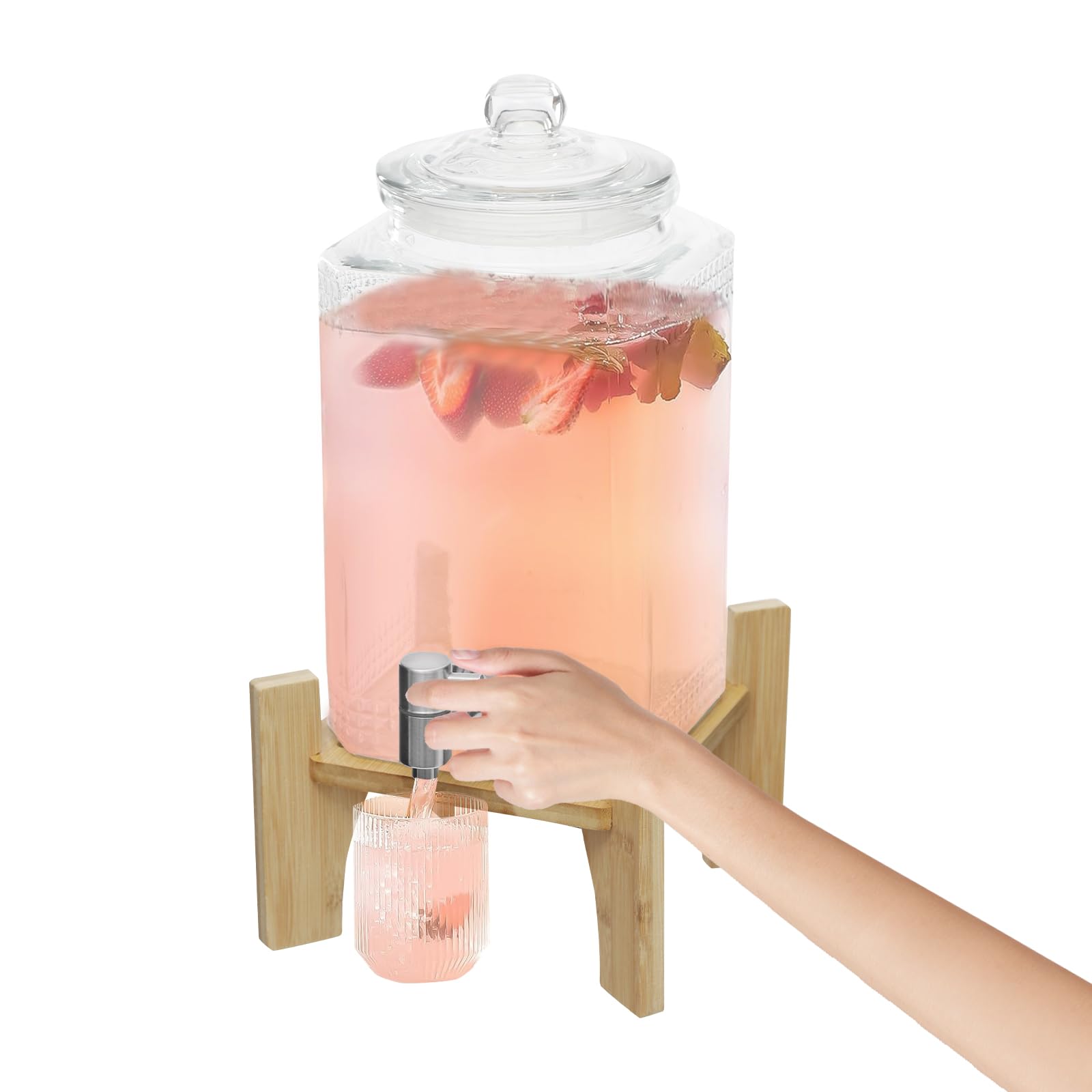 Dispensador de bebidas de cristal de 5 litros con soporte y grifo de acero inoxidable, dispensador de agua de cristal con grifo para cócteles, zumo, agua, bebidas