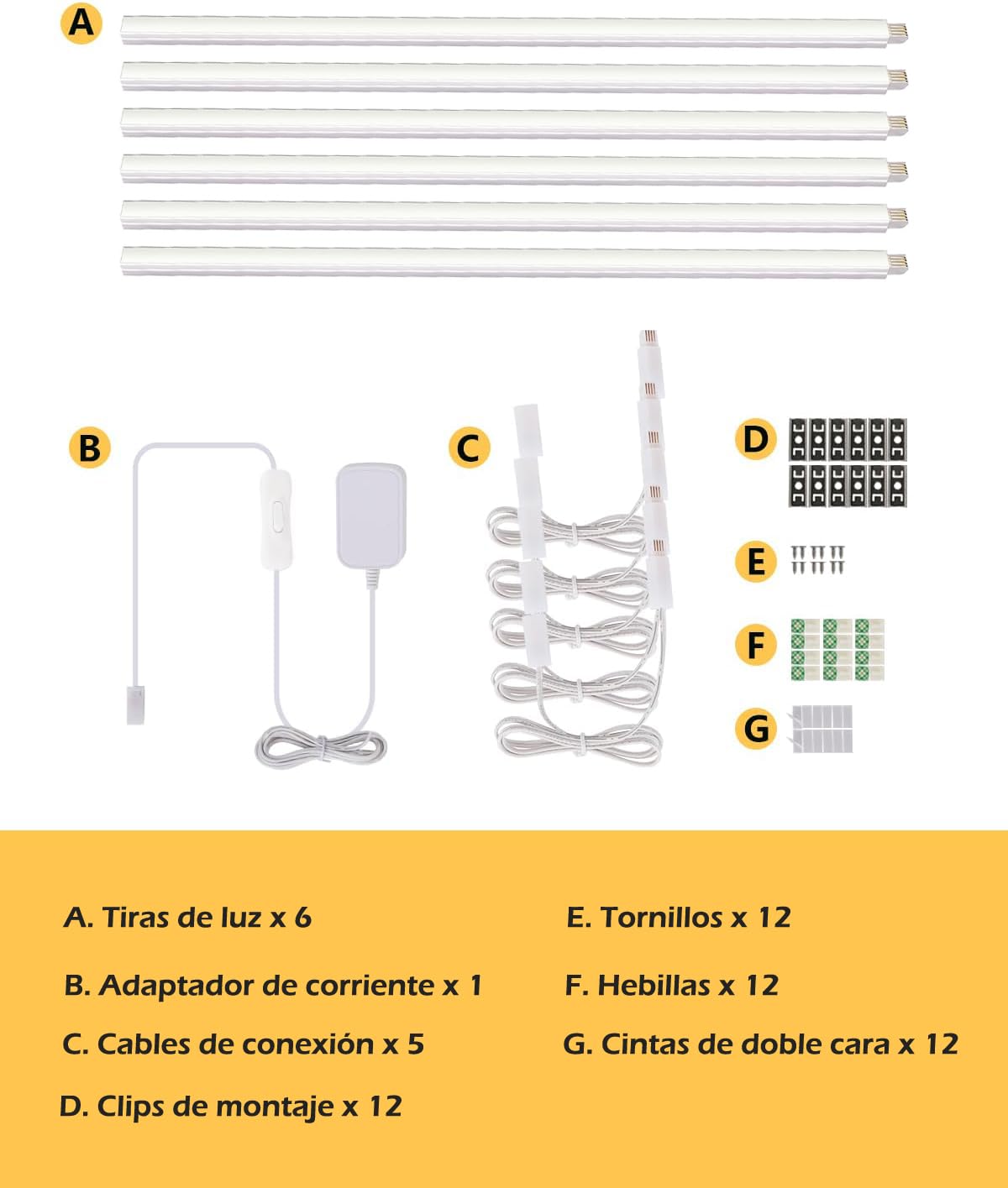 Cefrank Iluminación LED Bajo Gabinete 6 Unidades 30cm Barras de Luz Interconectables para Gabinete, Cocina, Estante, Banca de Trabajo, Armario, 1200 Lúmenes, Blanco Cálido 3000K