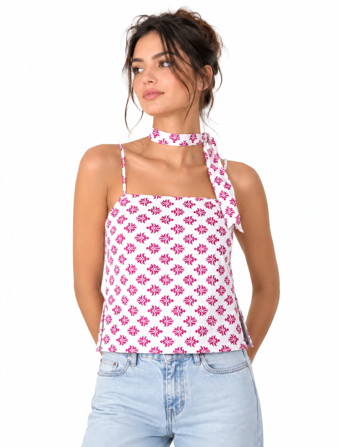 Women's Printed Cami Top (Size : S) with Matching Scarf, Pink & White, Pure Cotton-picture-48