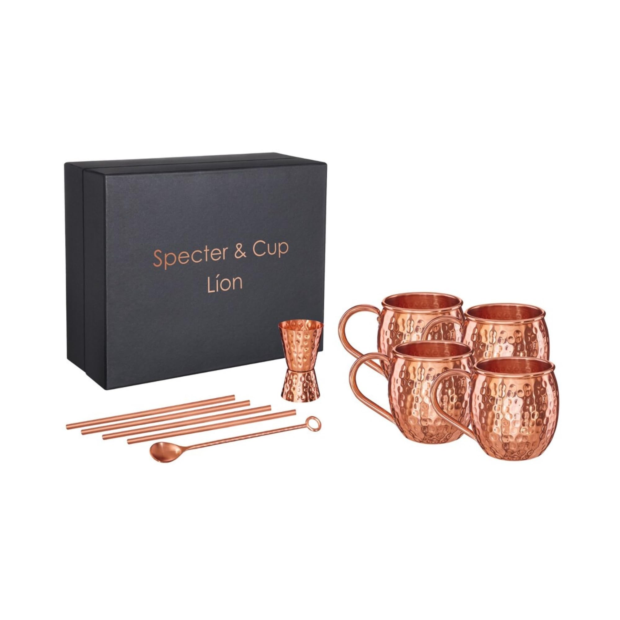 Specter & Cup Lion - Premium Moscow Mule Kupferbecher-Set 500ml, 4er-Set + Zubehör, Verpackt in Edlen Schwarzen Premiumbox, 100% Handgefertigte Becher