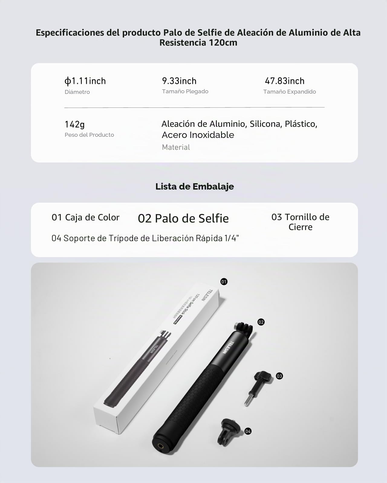 TELESIN° 120cm/ 47.83" Palo Selfie para GoPro Hero 13 12 11 10 9, dji Osmo Action 5 Pro 4 3, Insta360 X5 X4 X3 Ace Pro, Palo de Selfie Invisible 153cm, Selfie Stick Extensible de Aluminio