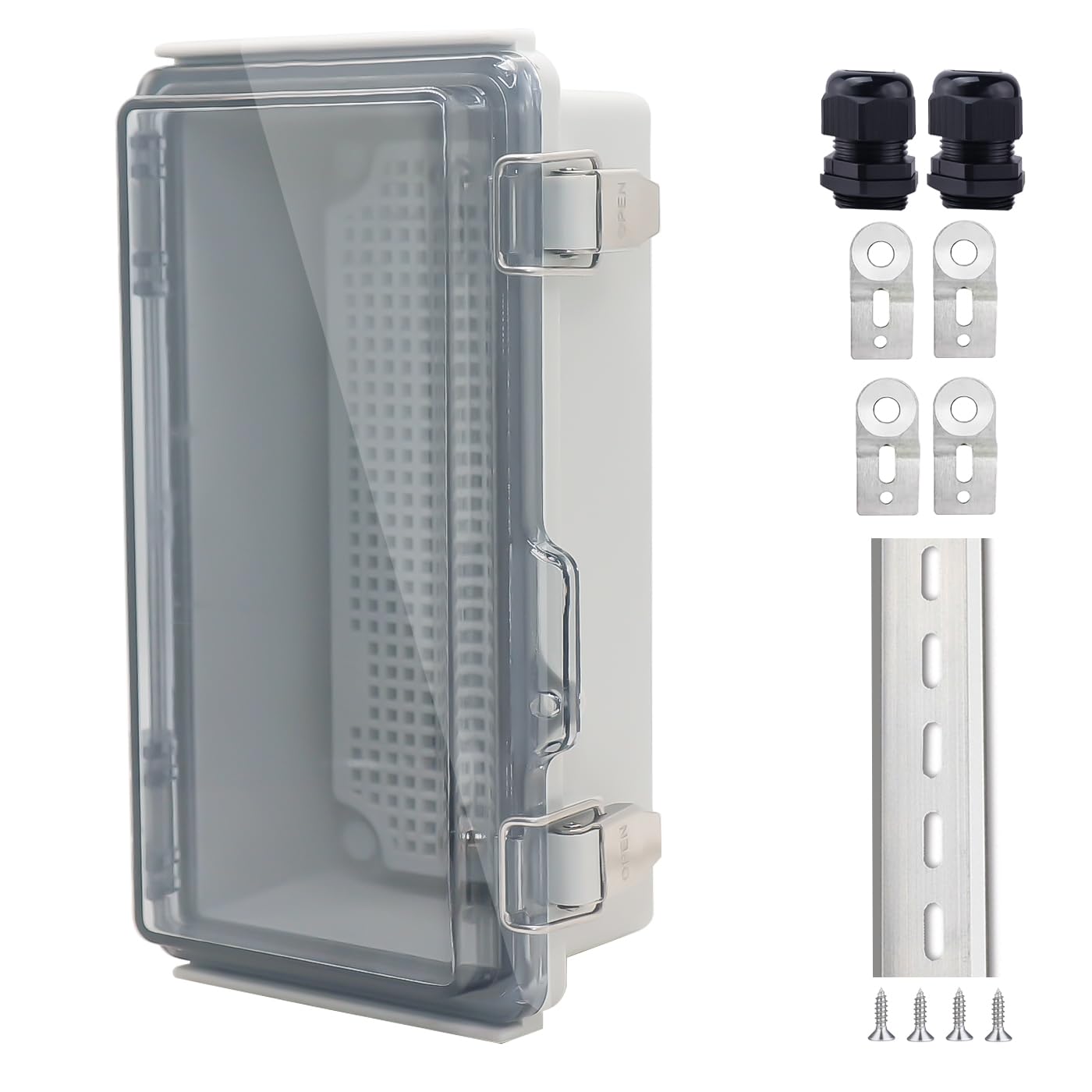 IP67 Waterproof Junction Box, ABS Plastic Electrical Enclosure with Stainless Steel Latch, Hinged Cover Electric Box with Mounting Plate, Wall Brackets & Cable Glands 200x100x70mm