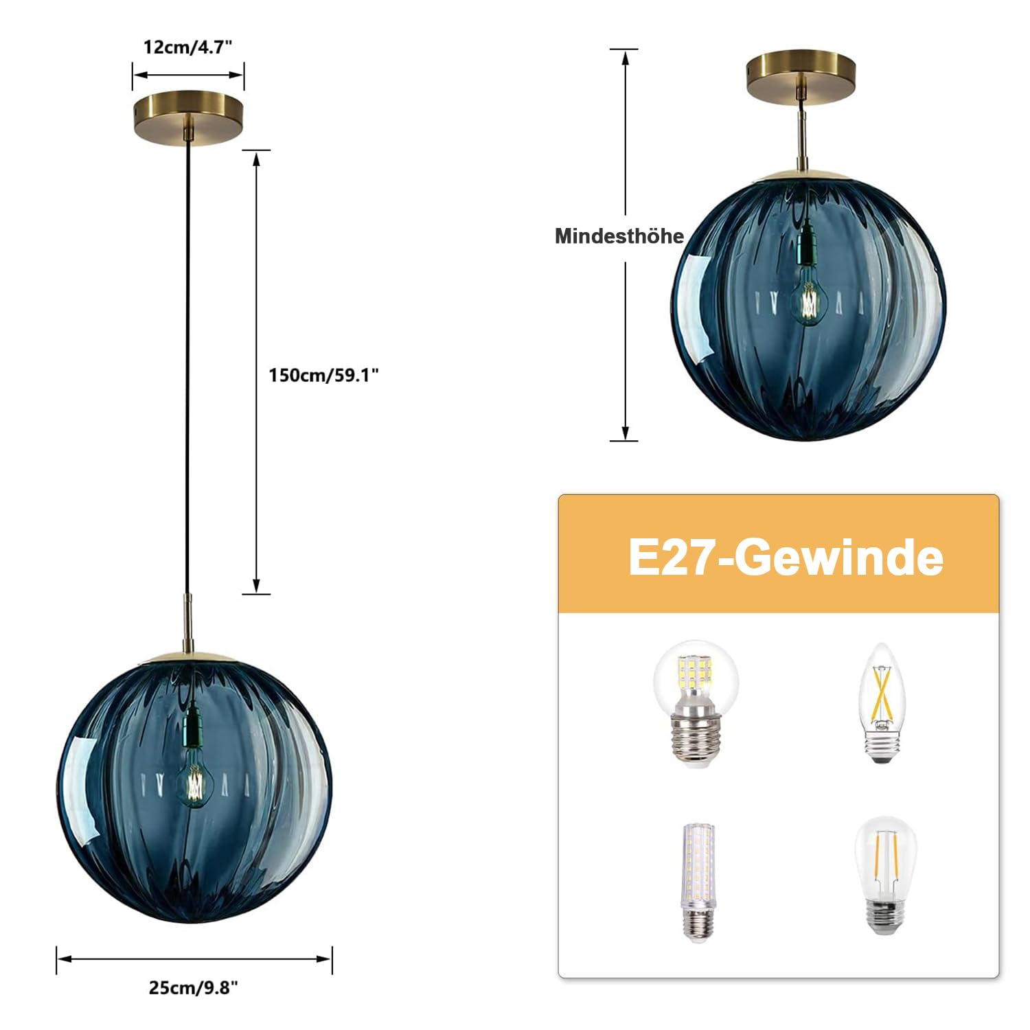 KCO Moderne Moderne Pendelleuchte Esstisch Glaskugel – Farbglas-Serie in Blau,Hängeleuchte Ø 25 cm – Höhenverstellbar mit E27-Fassung