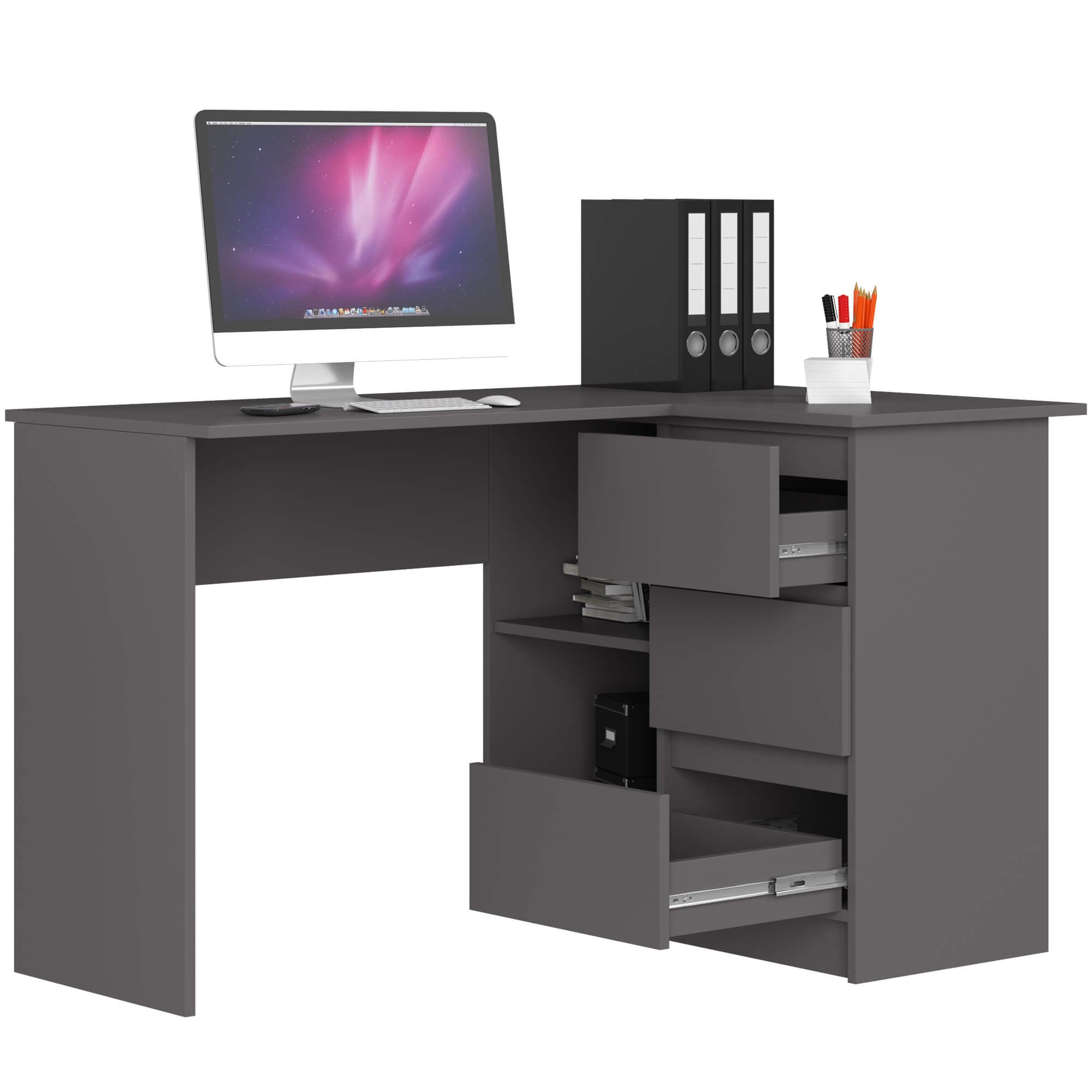 AKORD Bureau d'angle | Table avec Meuble de Rangement intégré et modulable avec 3 tiroirs et 2 étagères | L124 x H77 x P85 | Fourniture Bureau | Gris Graphite