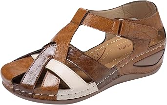 Womens Closed Toe Sandals, Comfortable Bohemia Vintage Casual Orthopedic Shoes, Soft Hollow Wedges Shoes for Shopping Beach Party