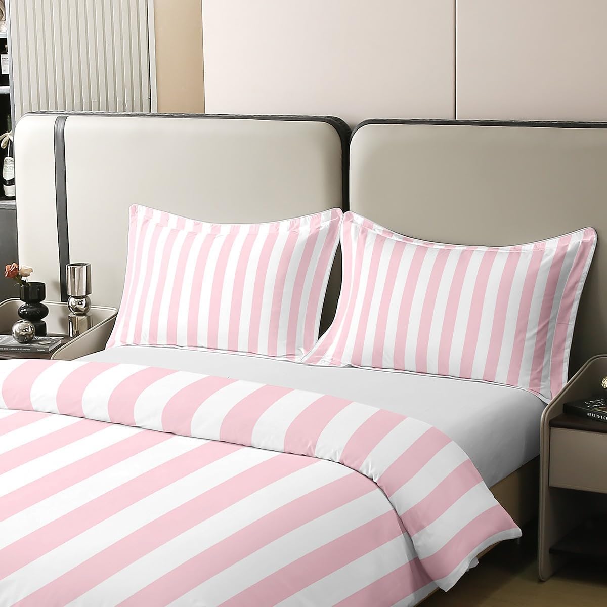 Set Copripiumino Matrimoniale Strisce Rosa e Bianche, Copripiumino Reversibile Geometrico in Morbida Microfibra Stampato 3D, Biancheria da Letto 240x220 Righe 3 Pezzi con Federe b5056