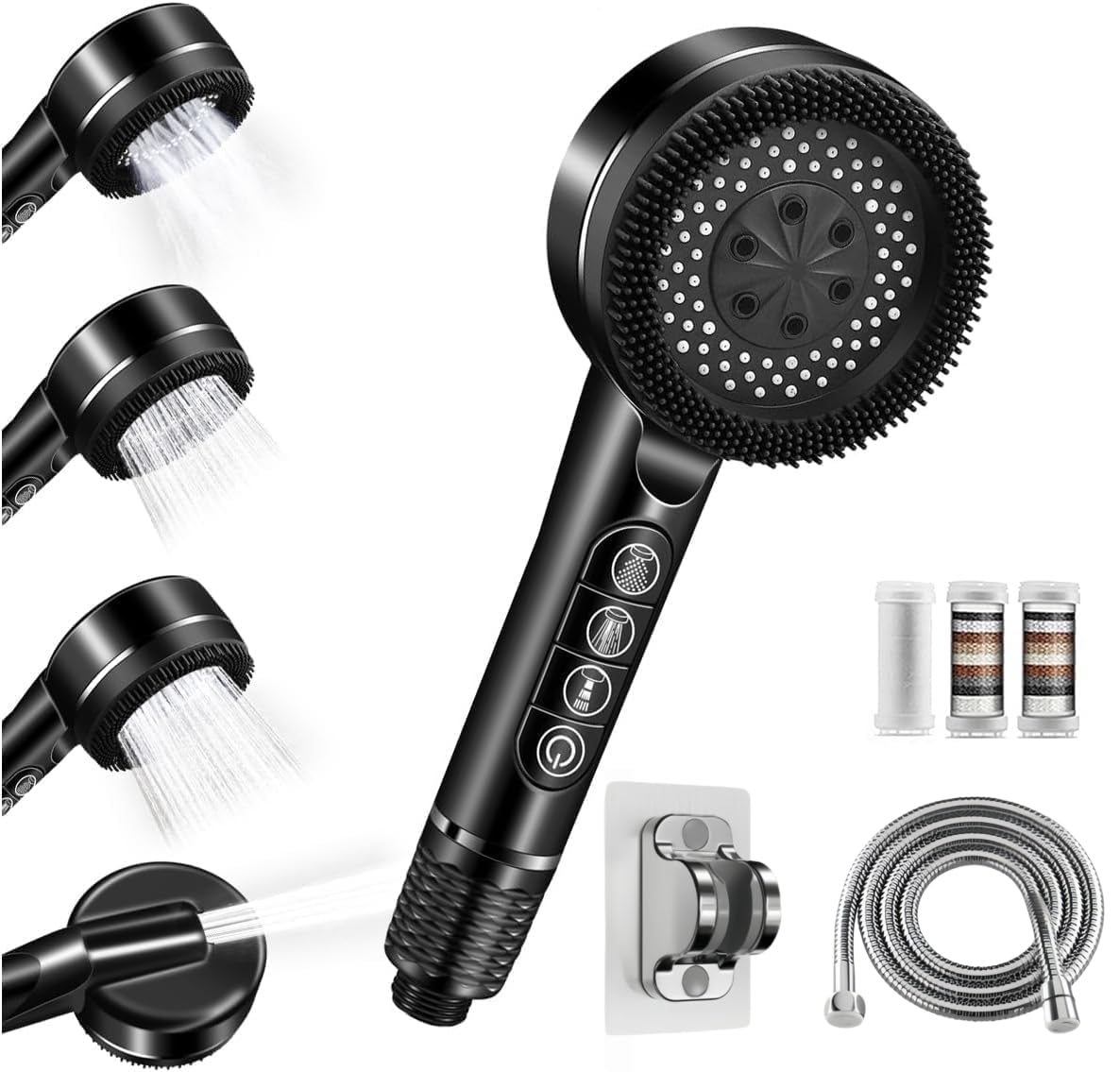 Alcachofa de Ducha Alta Presion,Alcachofa Ducha con filtro,Incluye manguera de1,5m y Soporte,Cabezal Ducha con Filtro y Botón de OFF/ON,Shower Head Economizadora para Aguas Duras,Negro S