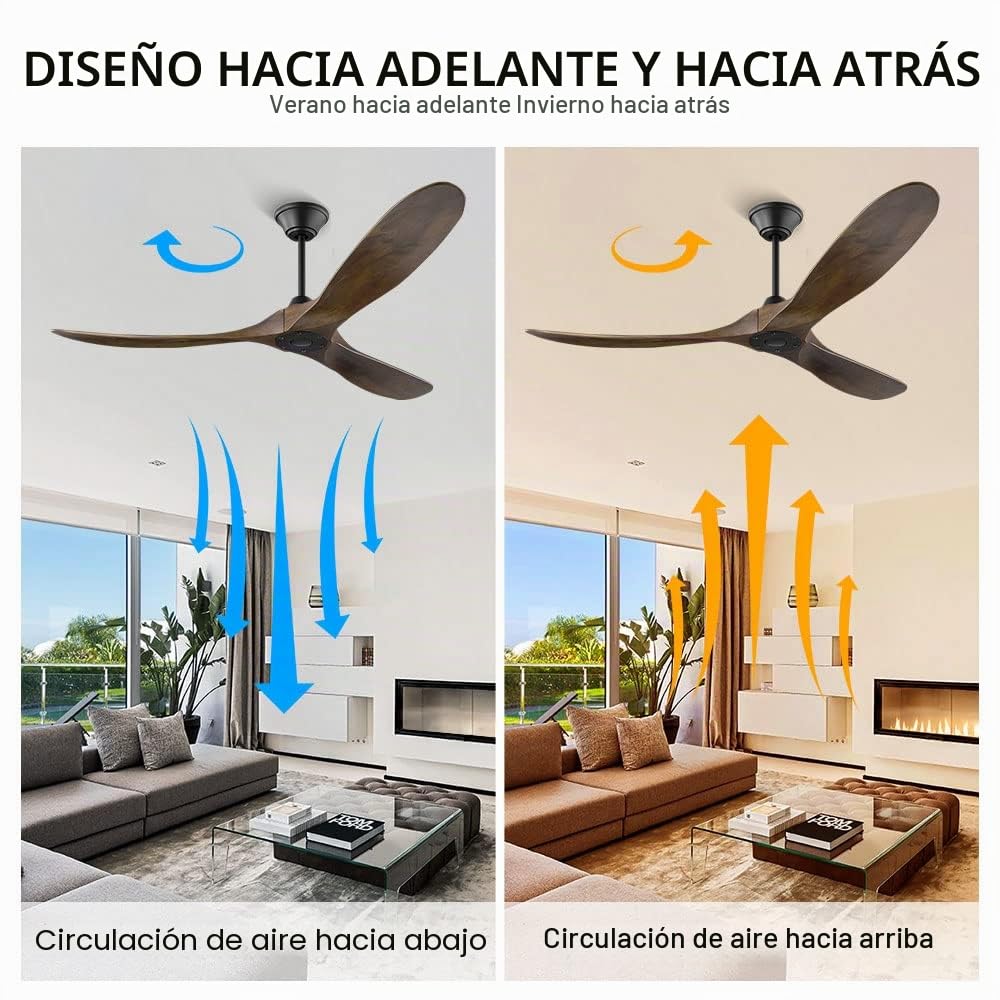 Ventilador de Techo con Mando a Distancia,Ventilador de Techo sin Luz Silencioso,152cm de Diámetro,3 Aspas de Madera,Motor de CC,6 Velocidades,Temporizador,Función Verano-invierno,Nogal